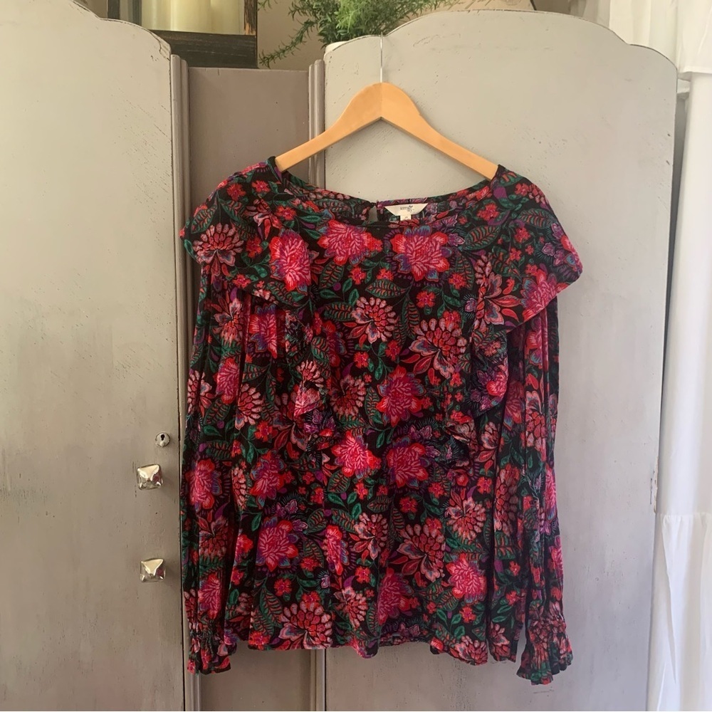 Terra & Sky Floral Ruffled Front Long Sleeve Blouse